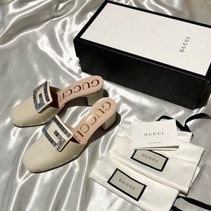 Gucci White Madelyn Square Crystal G Mules Size 37